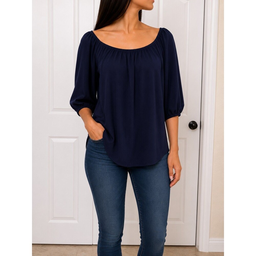 Lemontart Navy Solid Scoop-Neck Pleated Woven Pullover Blouse 3/4 Sleeve XL